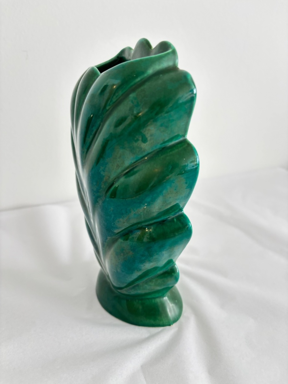 Mid Century Art Deco green glazed ceramic vase 2 sided with gazelle leaf design
